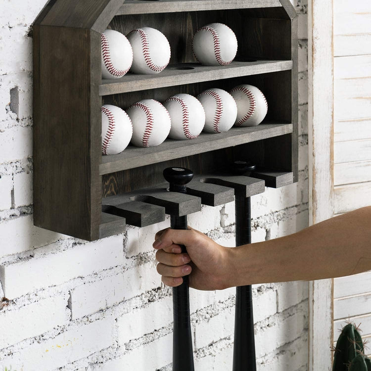 Baseball Game Ball Rack Gray Wood Home Plate-Shaped Wall Mounted Baseball and Bat Storage Disp ...