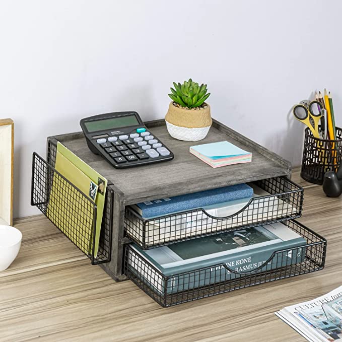Weathered Gray Wood Desktop File Organizer Paper Tray with Black Metal Mesh Drawers & Side Mail Holder Basket-MyGift