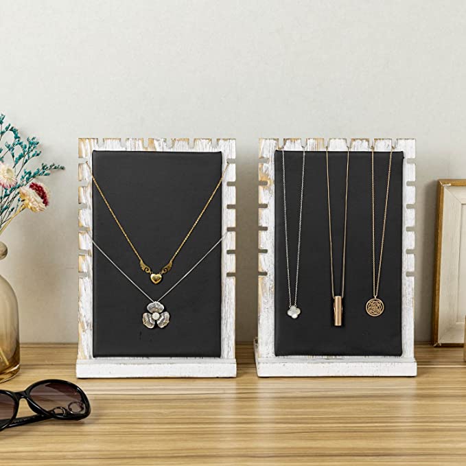 Whitewashed Wood Necklace Display with Black Padded Mat on Removable Board, Tabletop Bracelet Easel Rack, Set of 2-MyGift