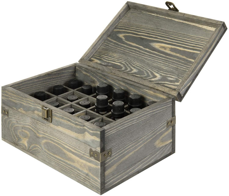 24 Slot Gray Wood Essential Oil Holder Storage Organizer Box with Antique Brass Accents, Holds Up To 30 mL Bottles-MyGift