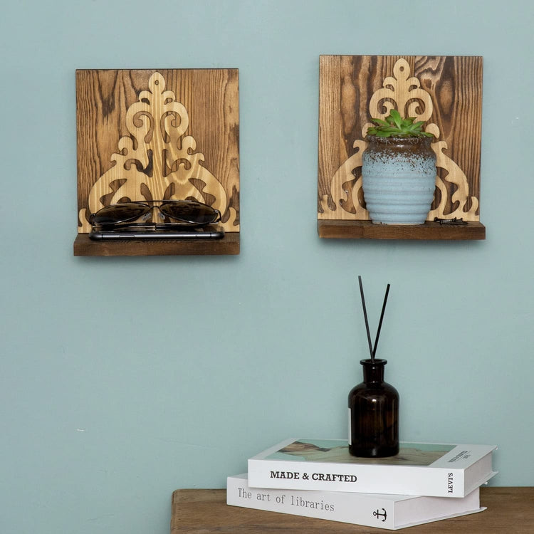 Set of 2, Floating Shelves, L-Shaped Wall Mounted Burnt Wood Display Shelf with Carved Scrollwork Decal Accent-MyGift