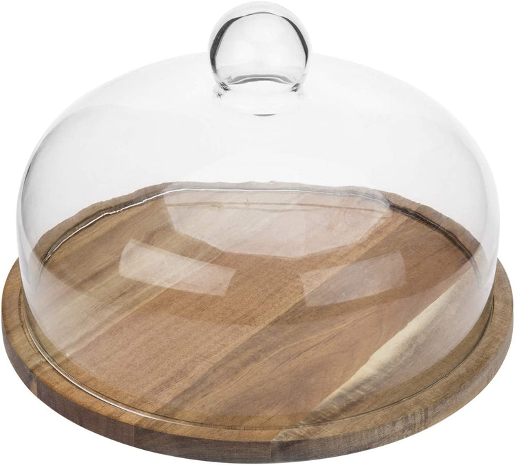 11-inch Round Acacia Wood Turntable Display Stand with Glass Dome Lid-MyGift