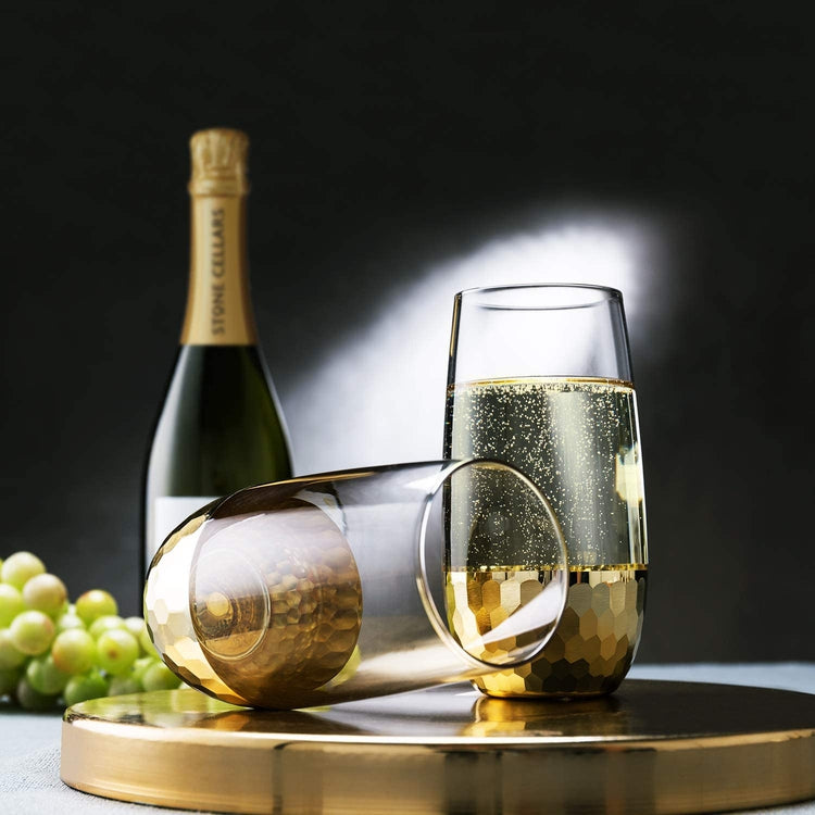 Set of 4 Modern Stemless Wine Flute Glasses w/ Hammered Brass Plated Design-MyGift