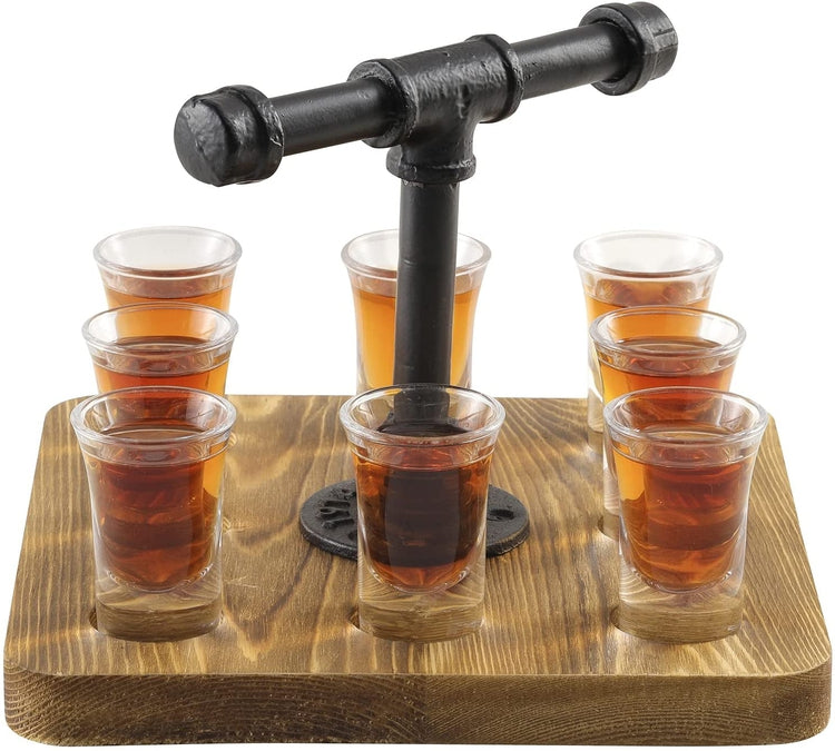 9-Piece Burnt Wood Shot Glass Serving Tray Set with Industrial Pipe Handle, Includes 8 Shot Glasses-MyGift