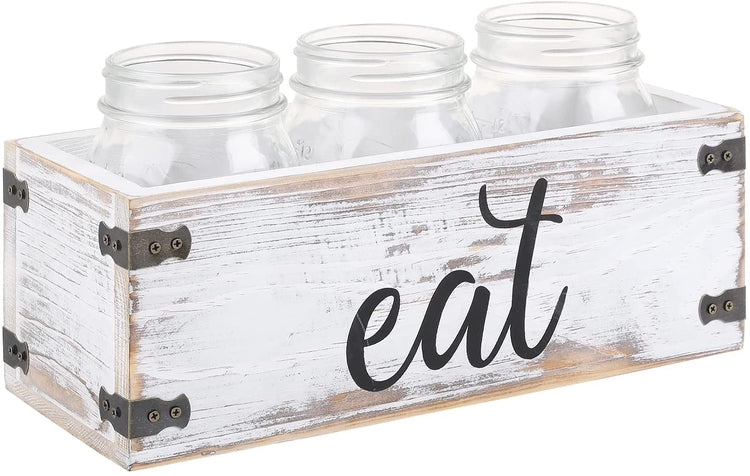 Whitewashed Wood and 3 Glass Mason Jar Dining Utensils Holder with "EAT" Cursive Writing Label-MyGift