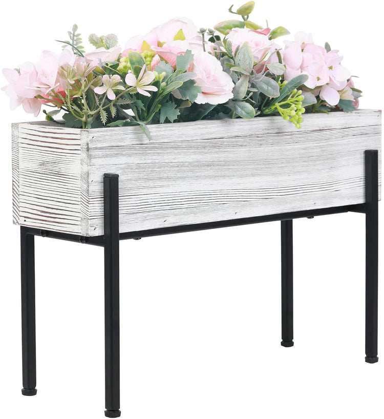 Whitewashed Wood Standing Planter Box with Removable Black Metal Stand, Decorative Raised Small Indoor Plant Holder-MyGift
