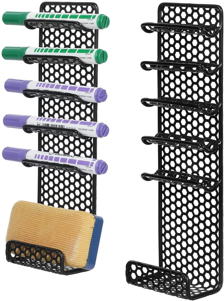 Black Metal Wall Mounted Dry Erase Marker and Whiteboard Eraser Holders, Honeycomb Hexagonal Perforated Design-MyGift
