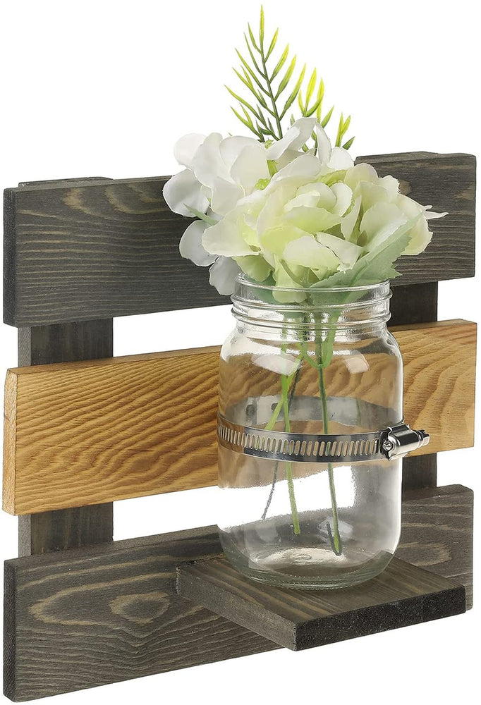 Wall Mounted Mason Jar Decorative Vase with Mixed Color Two Toned Gray and Light Burnt Wood Backboard Shelf-MyGift