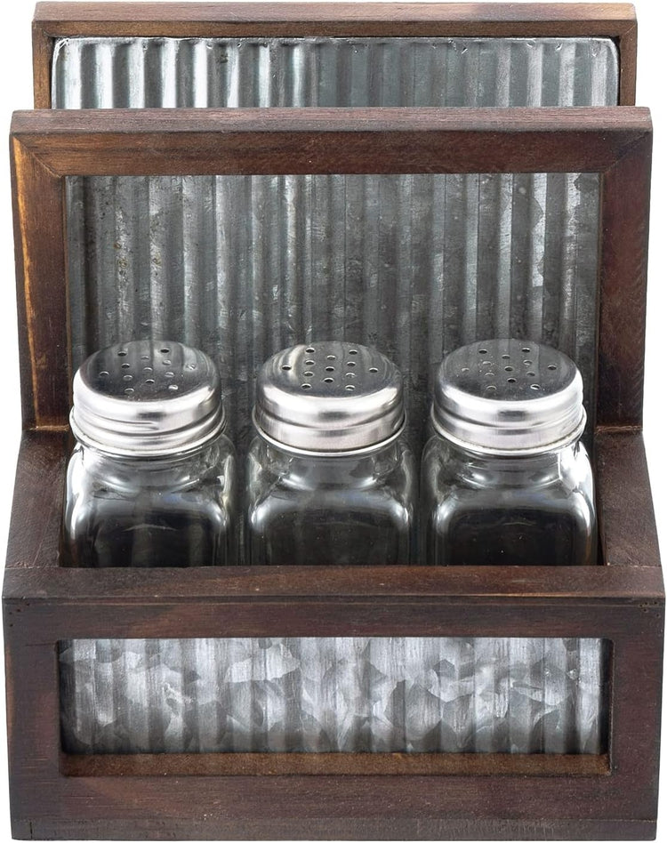 Farmhouse Brown Napkin Holder Spice Rack Combo Set, Napkin Rack with 3 Shakers for Salt Pepper Seasonings-MyGift