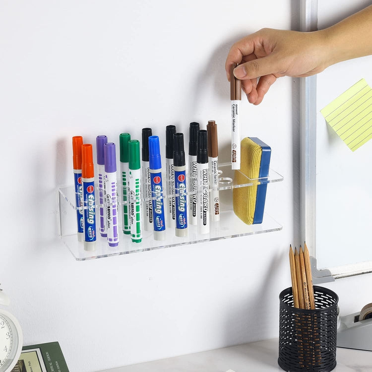 14 Slot Clear Acrylic Dry Erase Markers and Eraser Storage Rack, Wall Mounted Whiteboard Organizer Rack-MyGift