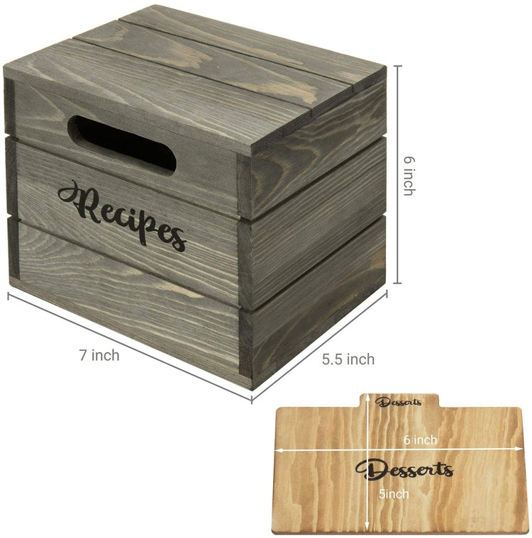 Vintage Gray Wood Recipe Card Box Holder with Wooden Labeled Dividers-MyGift