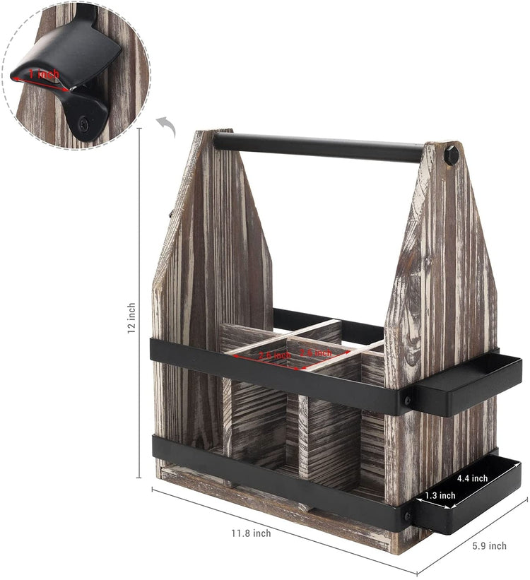 Torched Wood and Black Metal 6-Slot Beer Caddy Carrier with Bottle Opener and Napkin Holder-MyGift