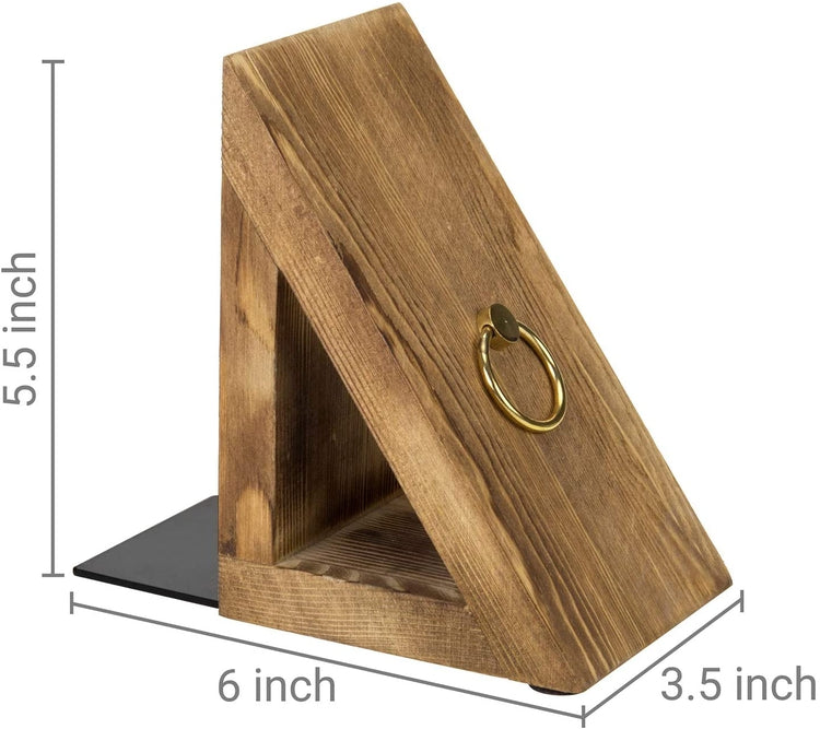 Brown Burnt Wood Triangular Decorative Desktop Bookends with Brass Tone Ring Handle Accents-MyGift