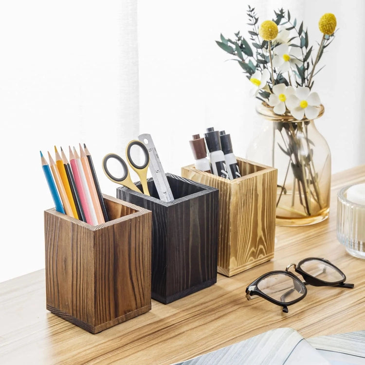 Set of 3, Desktop Pencil Cup Holder, Square Solid Wood Stationery Supply Pen Cup, Mixed Colors Light Brown, Brown, Black-MyGift
