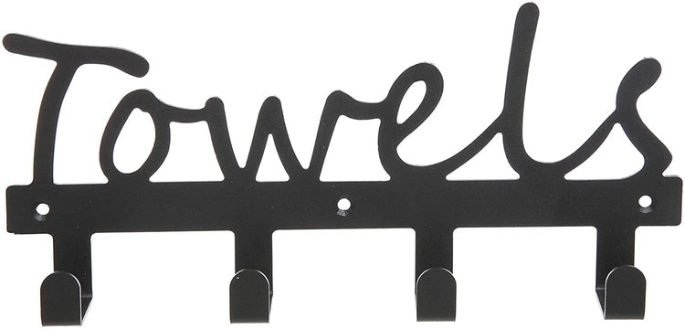 Wall Mounted Black Metal Towels Sign with 4 Hooks, Kitchen and Bathroom Towel Rack-MyGift