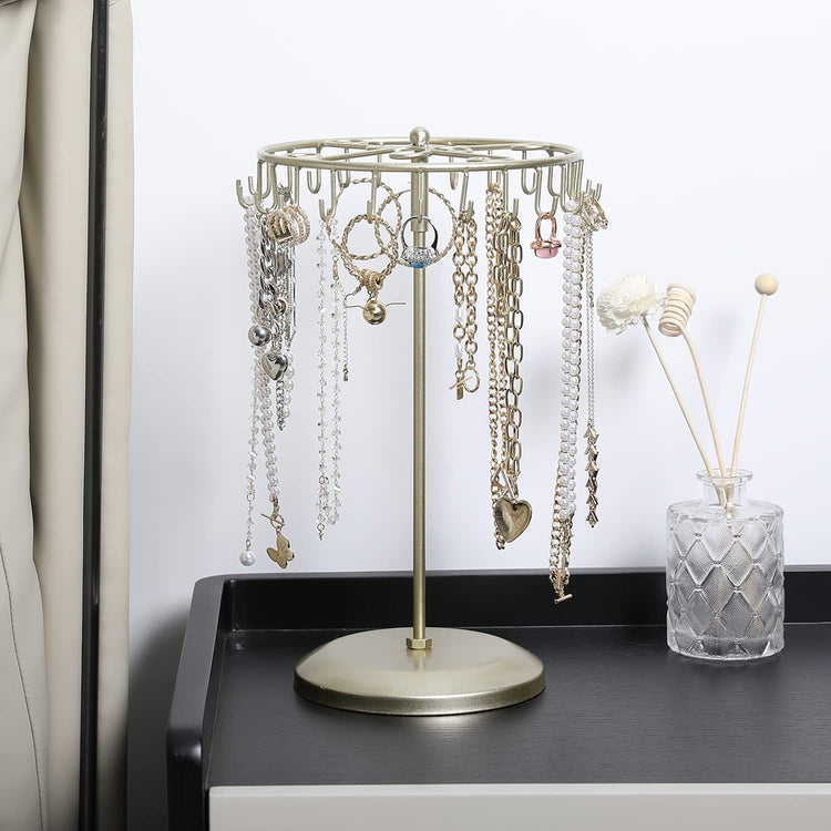 13-Inch Brass Metal Rotating Necklace Holder Organizer, Bracelet Holder Jewelry Tree Stand with 24 Hooks-MyGift