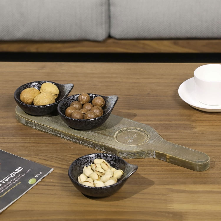 Whitewashed Wood Paddle Style Tray and Speckled Black Ceramic Bowls for Dips, Sauces, Toppings or Appetizers-MyGift