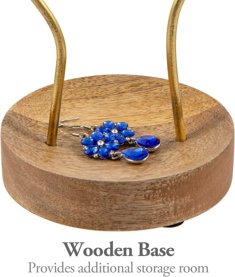 Brass-Tone Metal Hand-Shaped Jewelry Holder Stand with Acacia Wood Ring Tray, Wire Jewelry Tree-MyGift
