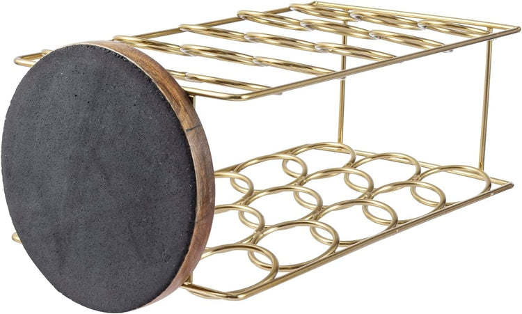Brass Tone Plated Metal and Brown Mango Wood Coffee Pod Holder Stand, Tabletop Café Bar Coffee Capsule Storage Rack-MyGift