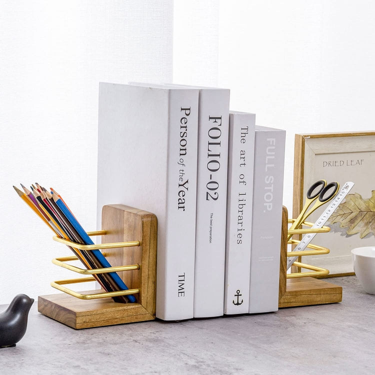 Handcrafted Acacia Wood Bookend Set with Brass Tone Metal Wire Holder Slot Storage for Pens, Pencils, Office Stationery-MyGift