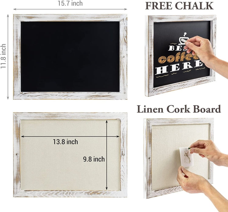 Bulletin and Chalkboard, Wall Mounted White Weathered Wooden Framed Mini Chalkboard and Linen Cork Board-MyGift
