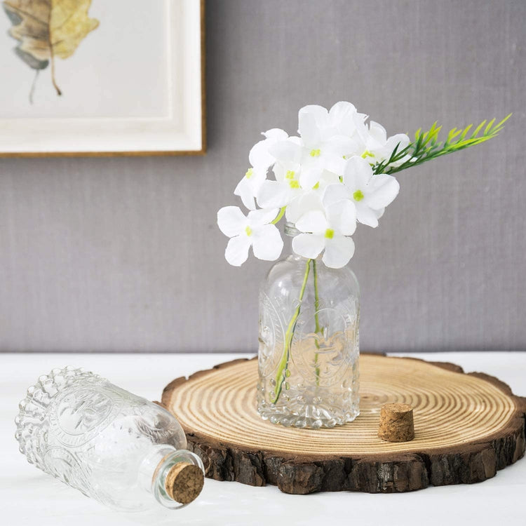 Set of 6, Vintage Embossed Fleur De Lis Glass Bottles with Cork Lid, Apothecary Clear Flower Vases-MyGift