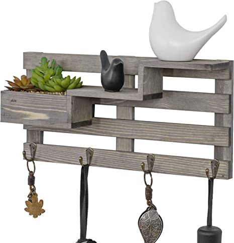 Vintage Gray Wood Key Rack for Wall Entryway with Tiered Shelving and Artificial Succulent Planter Box-MyGift