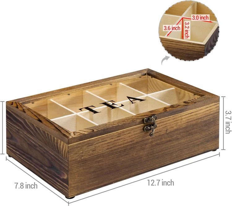 Burnt Brown Wood Tea Bag Organizer Box, Teabag Storage Chest with TEA Lettering on Clear Lid and Vintage Style Latch-MyGift