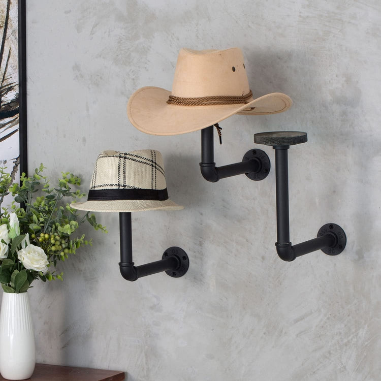 Set of 3, Wig Holder and Hat Rack for Wall Mounted, Hanging Hat Hooks with Industrial Black Metal Pipe and Gray Wood-MyGift