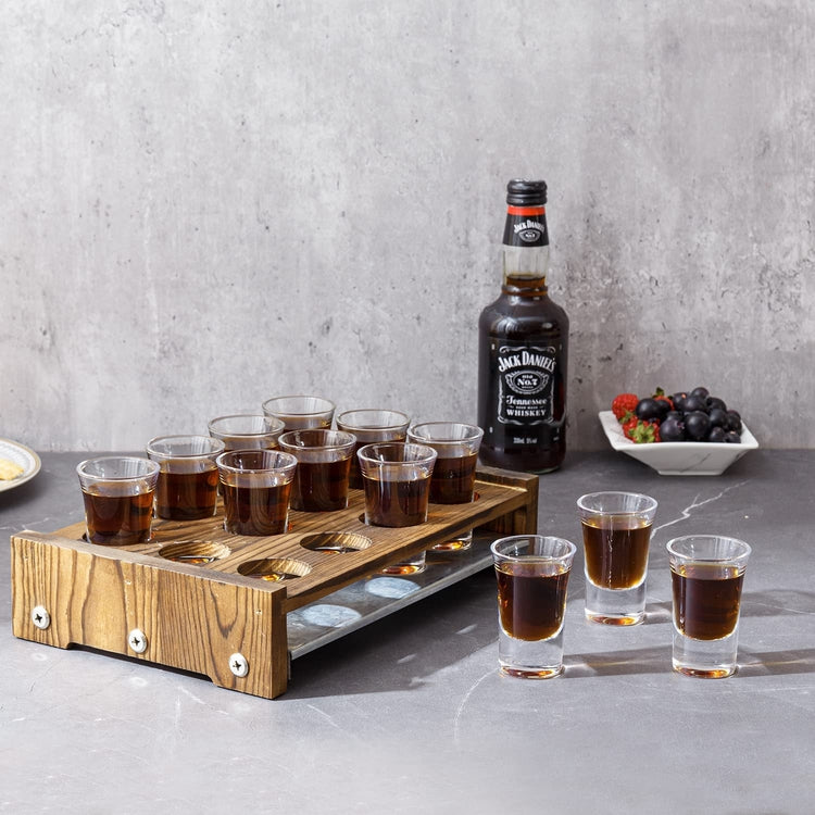 Shot Glass Serving Set, Burnt Wood Tray with Galvanized Metal Base-MyGift