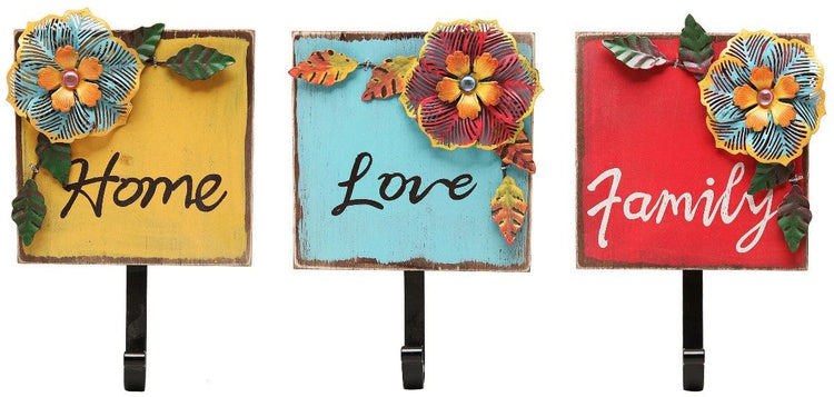 Set of 3, Wood & Metal Tropical Flowers "Family, Home, Love" Wall Mounted Coat with Key Hooks-MyGift