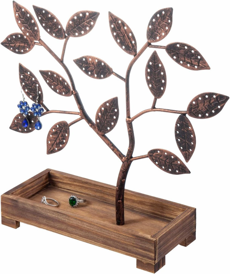 Earring Storage Rack Organizer, Bronze Finish Metal Jewelry Tree with Wooden Ring Tray Trinket Holder-MyGift