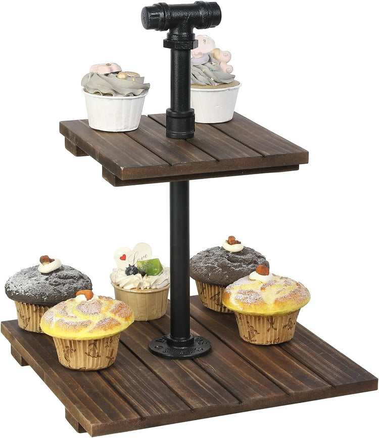 Burnt Wood and Black Metal Industrial Pipe 2-Tier Cupcake Holder Display Rack Stand-MyGift