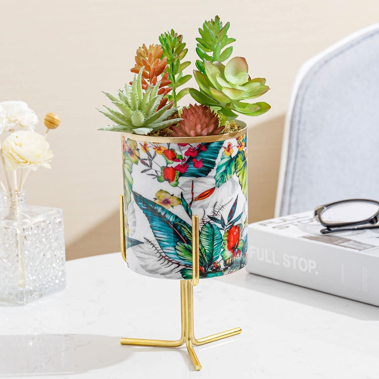 Luxurious Colorful Floral Pattern Fine Ceramic Mini Succulent Planter Pot with Brass Tone Metal Display Riser Stand-MyGift