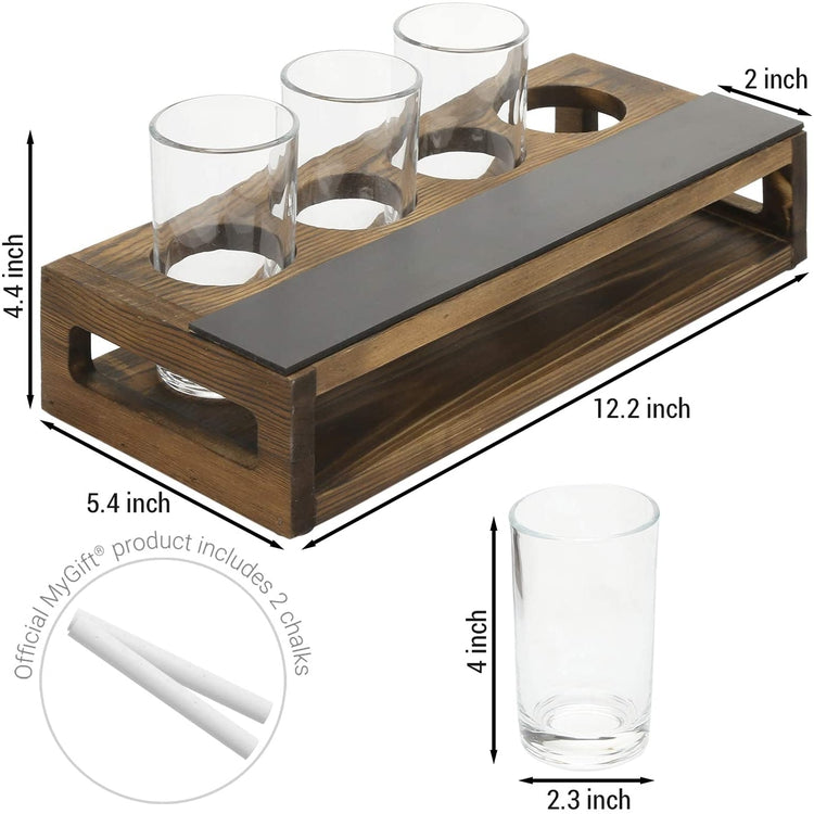 Dark Brown Burnt Wood Beer Flight Sampler Tray with 4 Beer Glasses and Erasable Chalkboard Label-MyGift