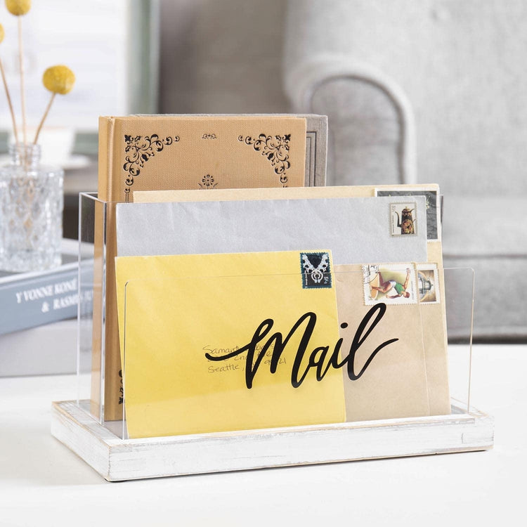 Clear Acrylic Mail Sorter with Removable Whitewashed Wood Tray Base, Desktop Letter Holder with Black Cursive MAIL Label-MyGift