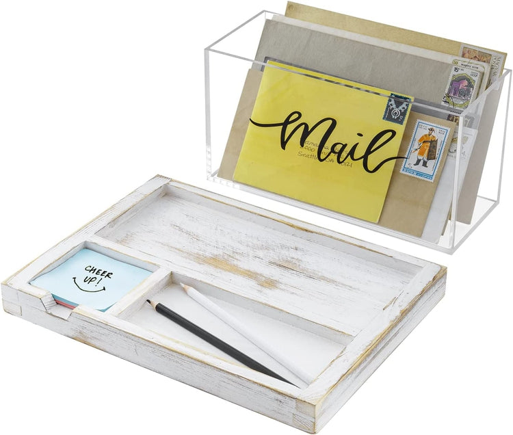 Clear Acrylic Mail Sorter Box with Cursive Decorative "Mail" Label and Burnt Wood Office Supplies Tray-MyGift