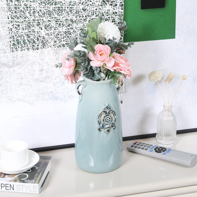 Farmhouse Decor Vintage Vase, Antique Blue Milk Jug Style Ceramic Vase for Flowers-MyGift