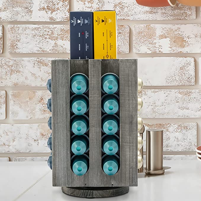 Vintage Gray Wood Rotating Coffee Capsule Holder - Holds 40 Capsules and 4 Refill Sleeves-MyGift