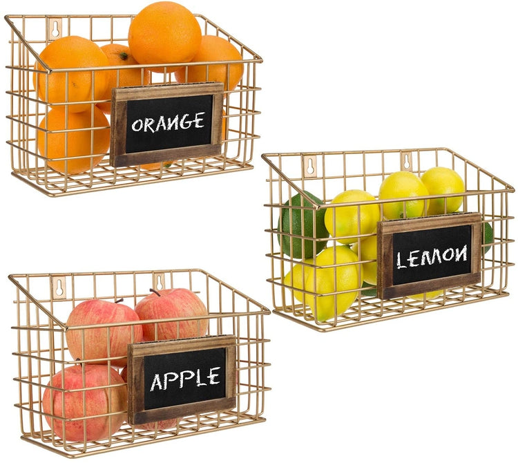 Set of 3 Contemporary Gold Metal Wire Wall Mounted Storage Baskets with Chalkboard Labels-MyGift