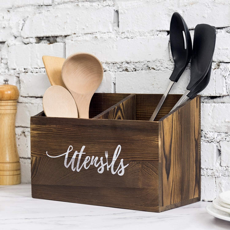 Dark Brown Wood Cooking Utensil Caddy with Cursive "Utensils" Text-MyGift