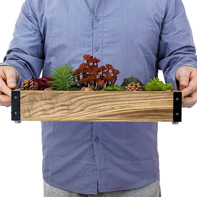 Brown Wood & Black Metal Tabletop Window Box Planter with Cutout Handles, Includes Artificial Succulents, Pine Cones, Acorns, and Moss-MyGift