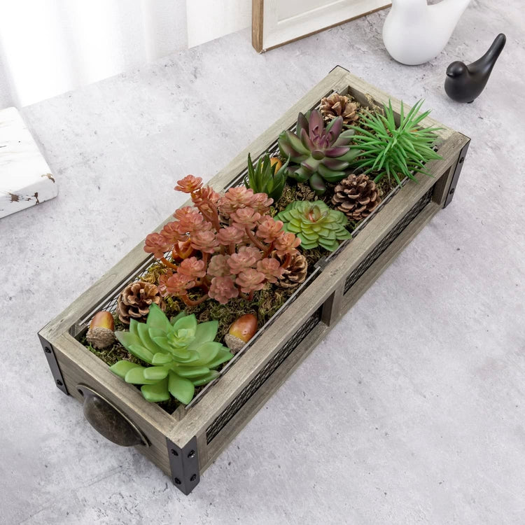Brown Wood Window Box Planter with Metal Mesh Sides and Brass Tone Handles, DIY Artificial Succulents and Moss Filler-MyGift
