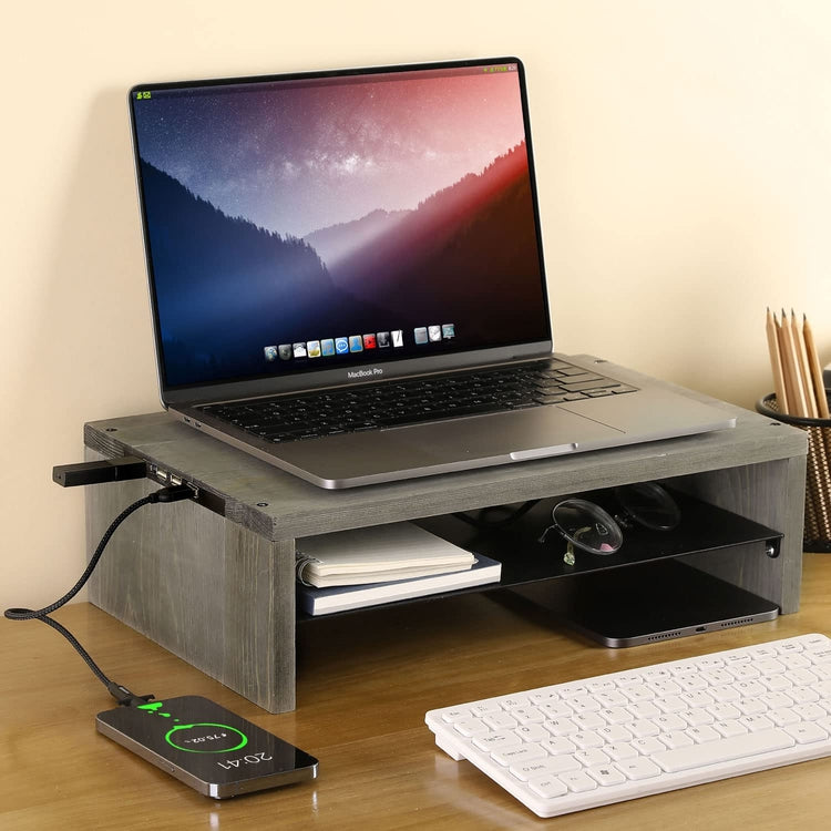 USB Enabled Monitor Stand, Ergonomic Computer Screen Desktop Workstation Riser with USB Ports-MyGift