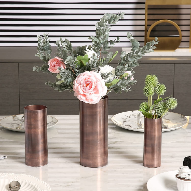 Set of 3, Tall Vintage Copper Tone Metal Cylinder Flower Vases-MyGift