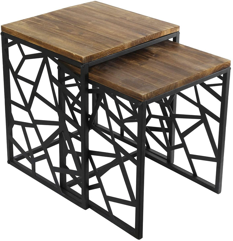 Set of 2, Geometric Cutout Style Black Metal and Burnt Wood Home Living Room Side, End Accent Tables-MyGift