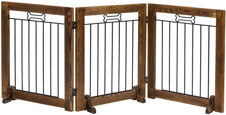 3 Panel Dark Brown Wood and Black Metal Wire Indoor Folding Pet Fence, Dog Gate with Bone Accent-MyGift