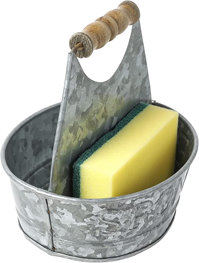Sink Sponge Holder Storage Organize, Rustic Silver Galvanized Metal Bucket Shaped Kitchen Sponge Holder Tray-MyGift