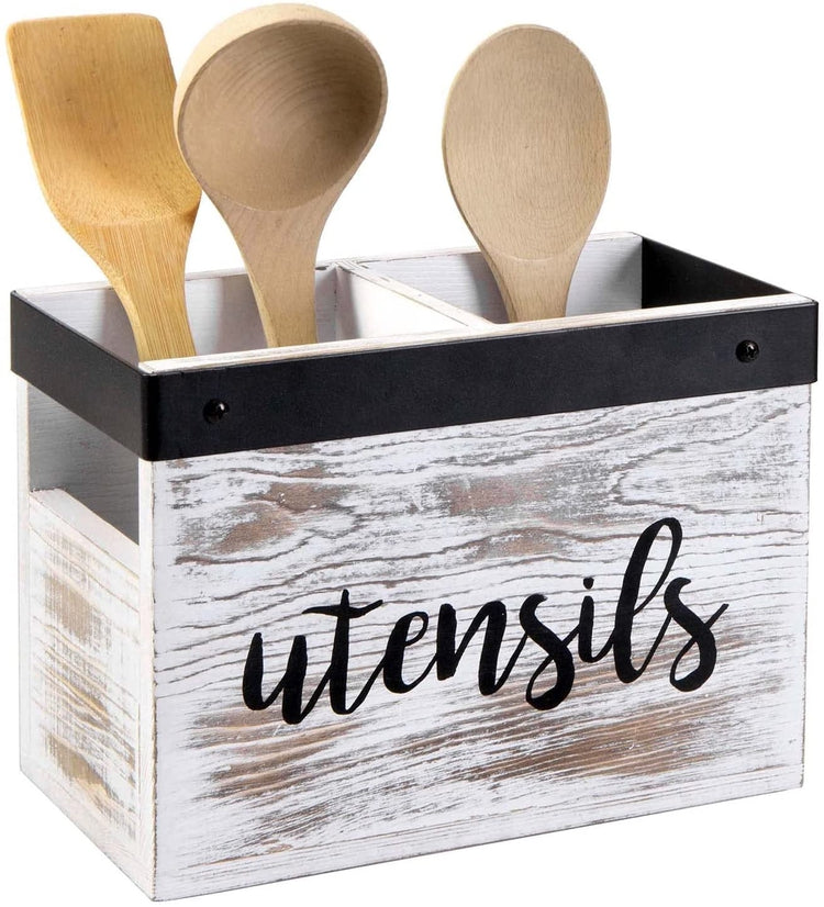 Wood Utensil Holder, 2 Compartment Whitewashed Wood and Black Metal Utensil Organizer, Cutlery Flatware Storage Caddy-MyGift
