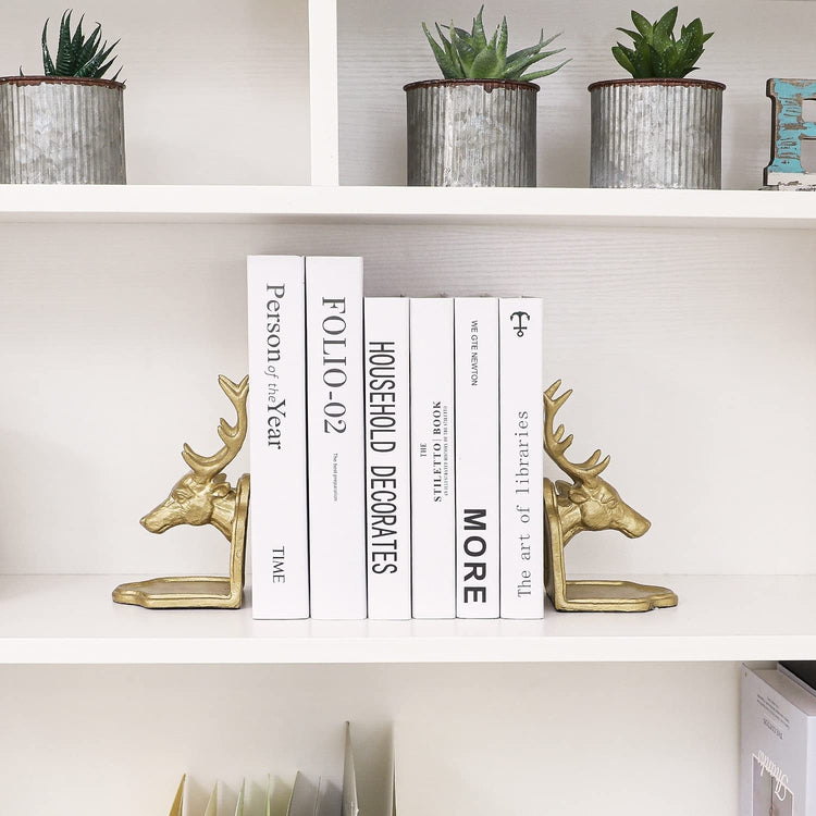 2 Piece Set, Brass Tone Stag Elk Bust Deer Head Cast Iron Decorative Bookends-MyGift